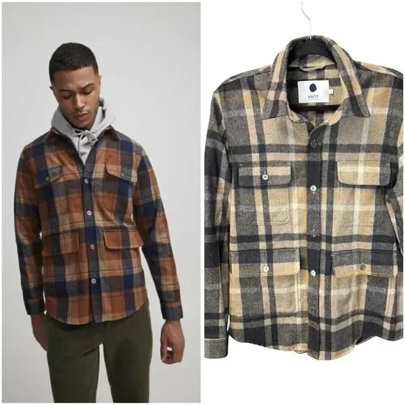 NN 07 Eddard Plaid Button-up Wool Blend Shirt Jacket Italian fabric L